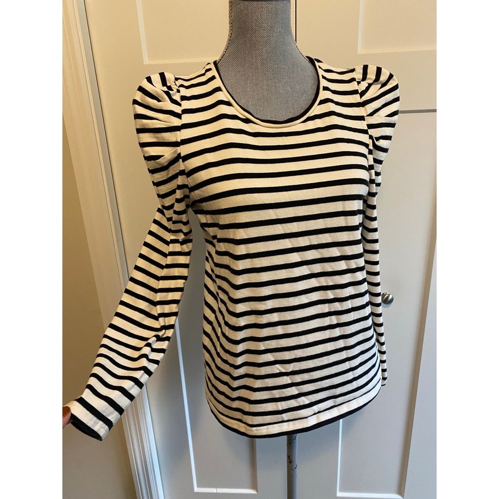 Rebecca Minkoff Black White Striped Puff Sleeve Long Sleeve Top M s58